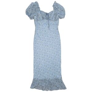 Milkmaid Sweetheart Midi Dress Size 1/2 Blue Ditsy Floral Coquette Puff Sleeve